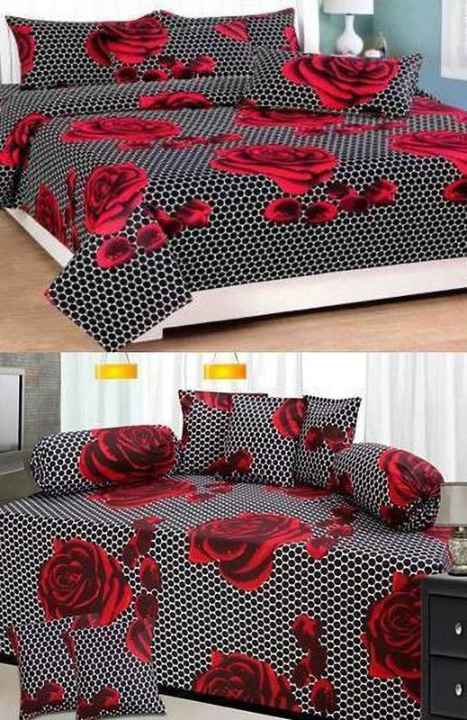 HOMYBEES 210 TC Microfiber King Abstract Flat Bedsheet  (Pack of 2, Black, Red)