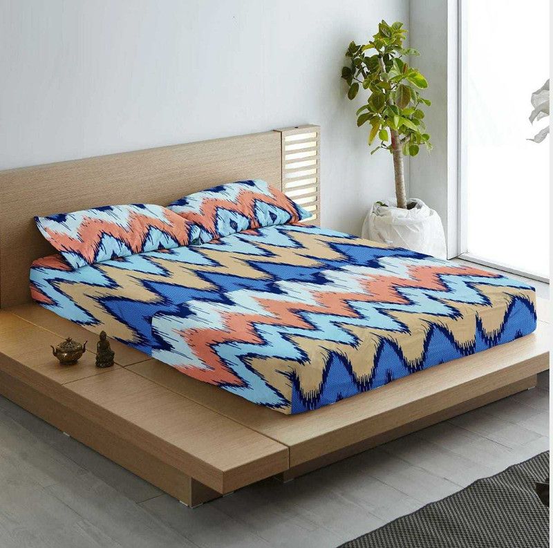 OICHY 144 TC Microfiber Double Printed Fitted (Elastic) Bedsheet  (Pack of 1, Blue)