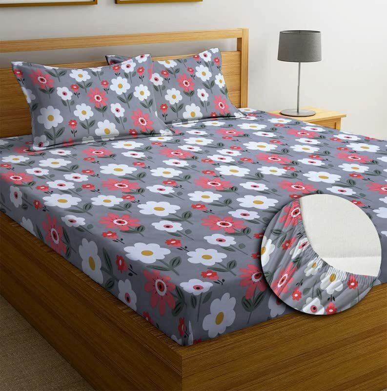 Parneet 220 TC Cotton Double Floral Fitted (Elastic) Bedsheet  (Pack of 1, Grey Pink White Flower)