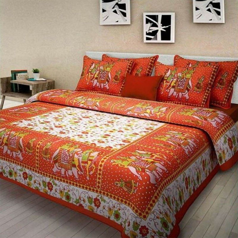 Divy Fusion Fashion 120 TC Cotton Double Printed Fitted & Flat Bedsheet  (Pack of 1, Orange)