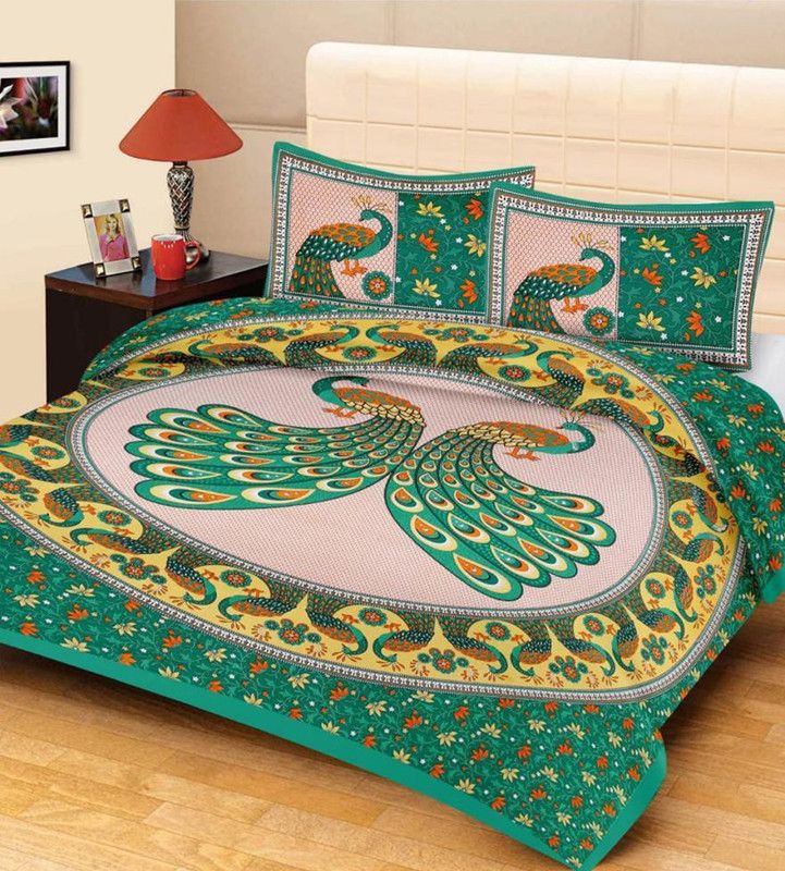 VIHANA LIFESTYL 240 TC Cotton Double Jaipuri Prints Flat Bedsheet  (Pack of 1, Green)