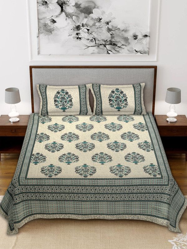 Jyana's 300 TC Cotton Double Floral Flat Bedsheet  (Pack of 1, Blue)
