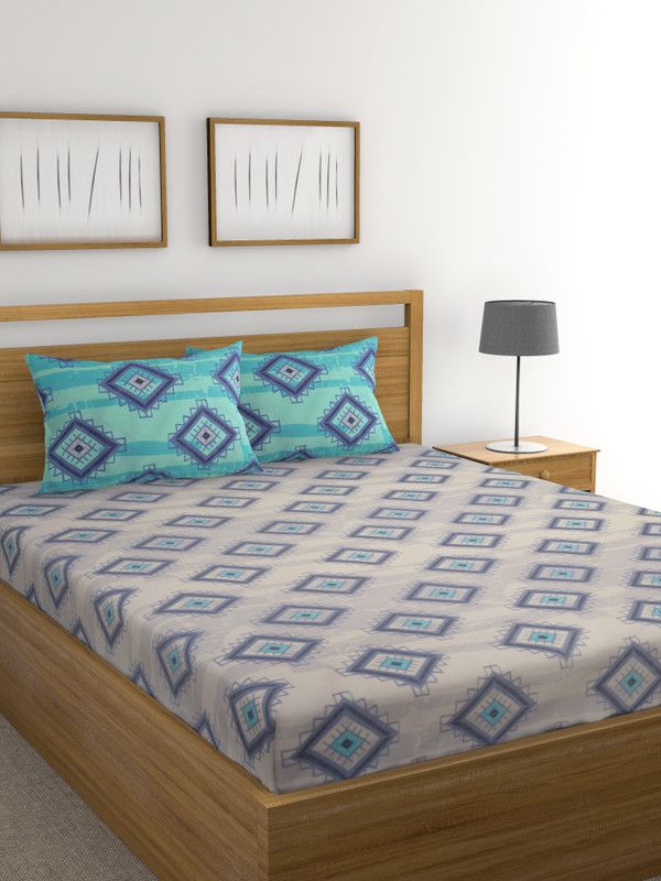 Raymond Home 104 TC Cotton Double Geometric Flat Bedsheet  (Pack of 1, Green)