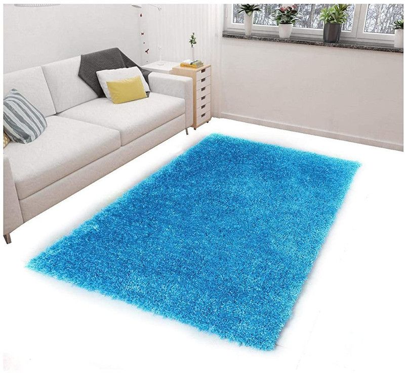 RM Handloom Light Blue Polyester Carpet  (152.4 cm, X 213.36 cm, Rectangle)