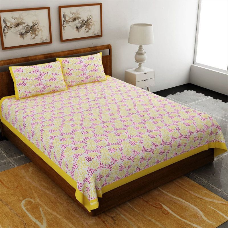 UNIQCHOICE 120 TC Cotton Double Floral Flat Bedsheet  (Pack of 1, Yellow)