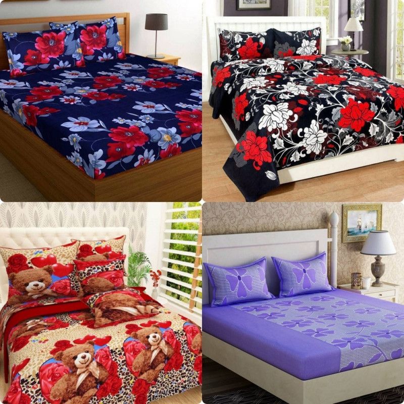 EKANSH FAB 160 TC Microfiber Double Printed Flat Bedsheet  (Pack of 4, Pink)
