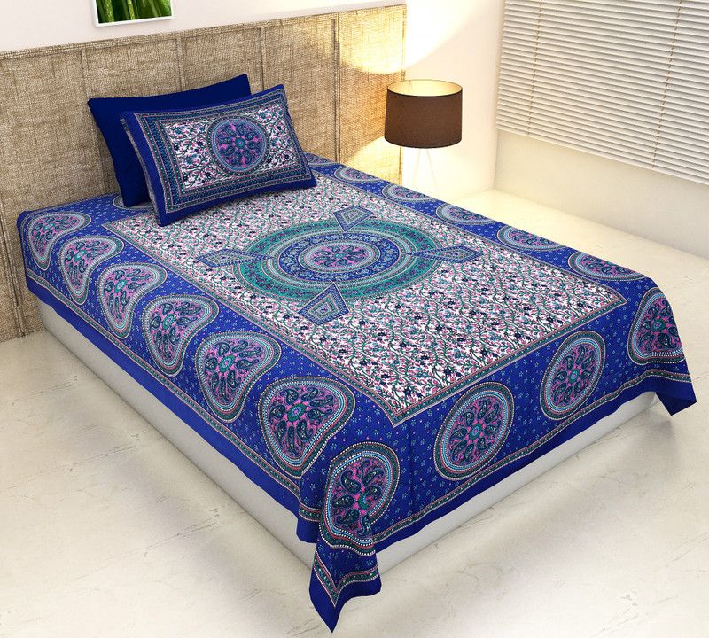 Anupama 104 TC Cotton Single Jaipuri Prints Flat Bedsheet  (Pack of 1, Blue)