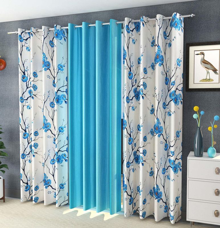 TWIZOR 213 cm (7 ft) Polyester Room Darkening Door Curtain (Pack Of 3)  (Floral, Aqua)