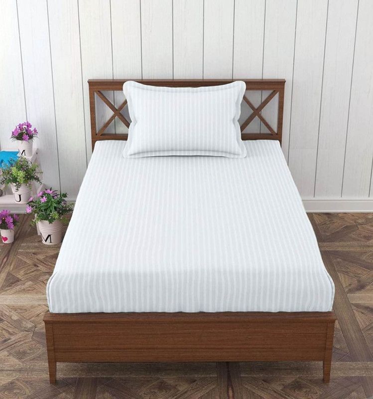 HHH FAB 220 TC Satin Single Striped Flat Bedsheet  (Pack of 1, White)