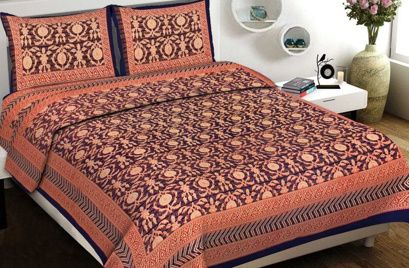 Chiraiyaa 120 TC Cotton Double, Queen Jaipuri Prints Flat Bedsheet  (Pack of 1, Maroon, Yellow, Multicolor)