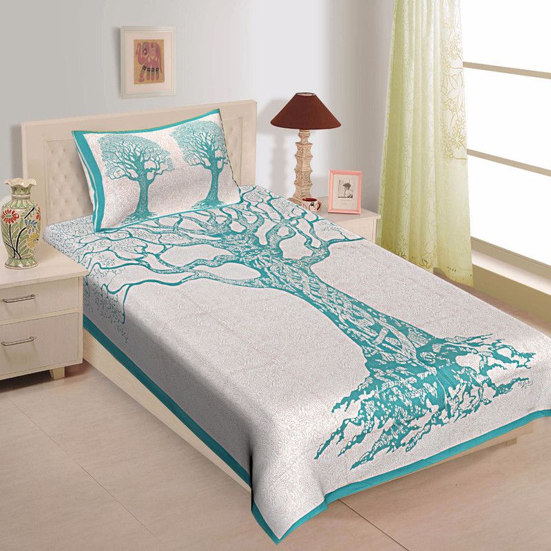 Rangun 144 TC Cotton Single Floral Flat Bedsheet  (Pack of 1, Green)