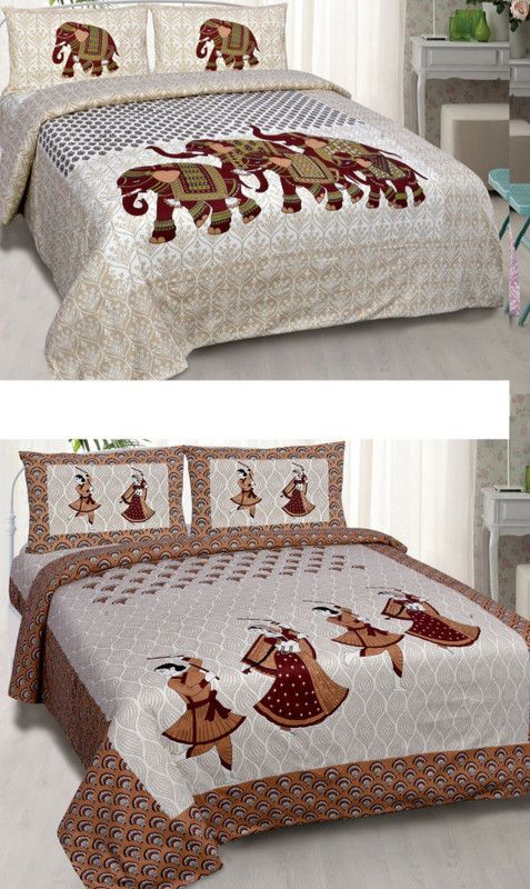 SOMYA GEMS 190 TC Cotton Double Jaipuri Prints Flat Bedsheet  (Pack of 2, Beige, Brown)