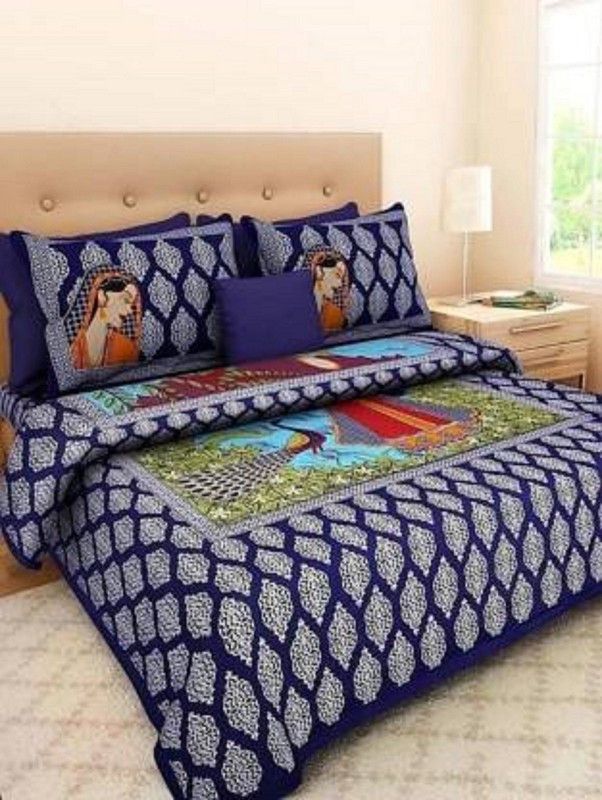 SONAL TEXTILSE 100% Cotton, queen size 90*100 double bedsheet with 2 pillow cover 144 TC Cotton Queen Printed Flat Bedsheet  (Pack of 1, Multicolor)