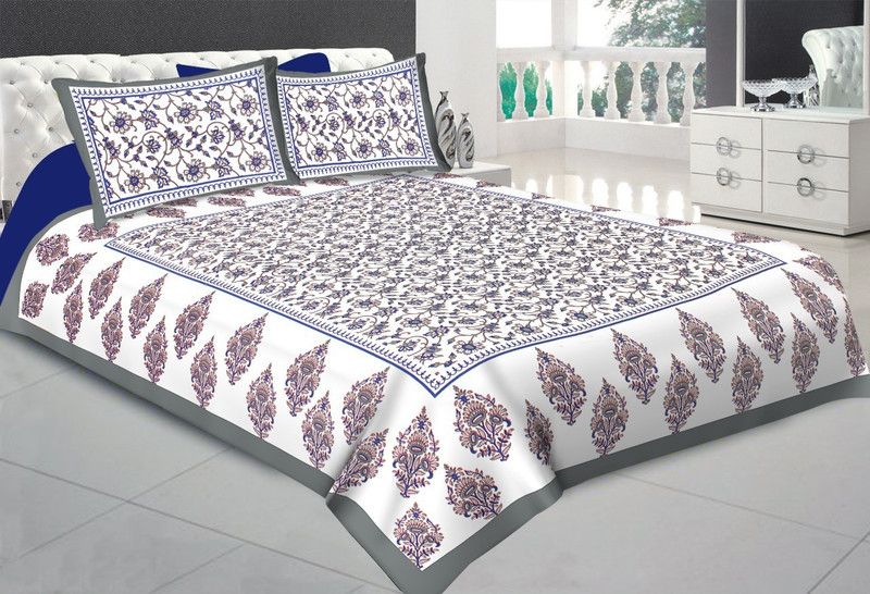 Fecom 144 TC Cotton Double Floral Flat Bedsheet  (Pack of 1, GREY 11)