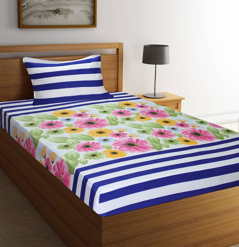 Flipkart SmartBuy 140 TC Microfiber Single Floral Flat Bedsheet  (Pack of 1, White, Blue)