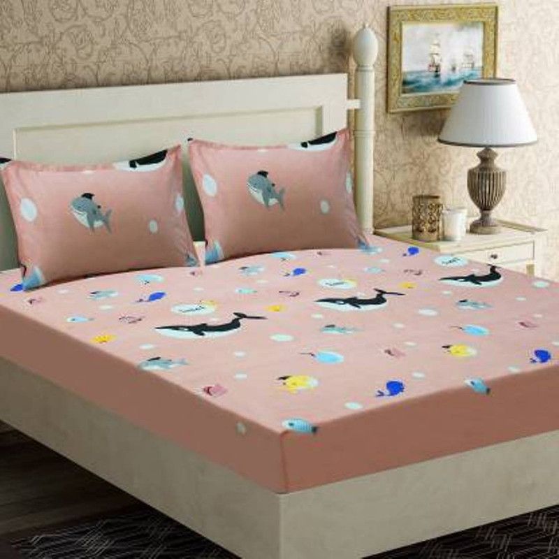 SHIVAAY CRAFTS 200 TC Cotton Double Printed Flat Bedsheet  (Pack of 1, PINK FISHES)