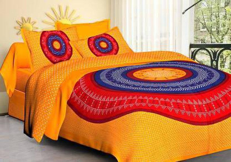 DHAYAL TEXTILES 280 TC Cotton Double Printed Flat Bedsheet  (Pack of 1, Yellow)