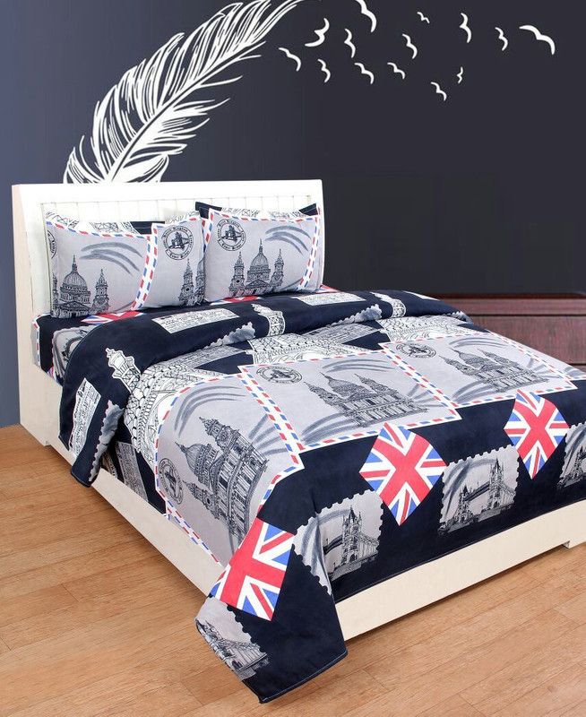 VHD 150 TC Cotton Double 3D Printed Flat Bedsheet  (Pack of 1, Black, Grey)