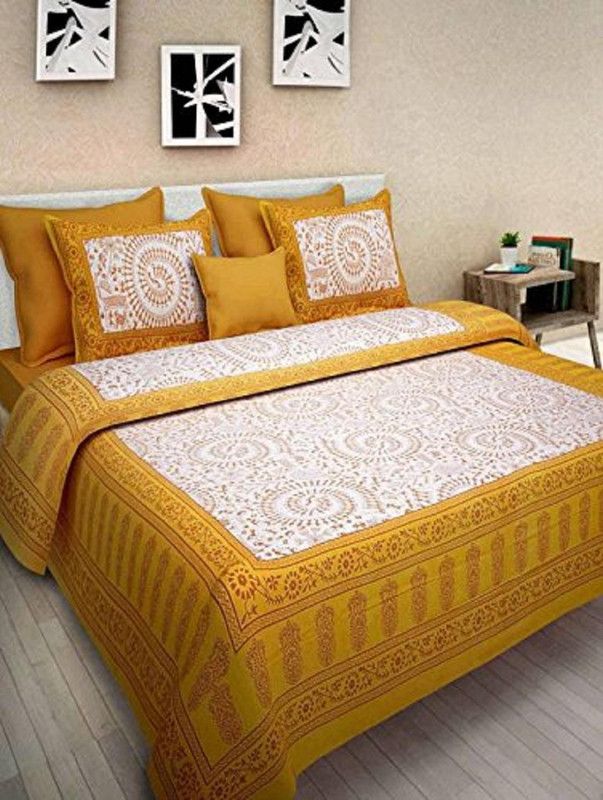 Dev Fashion 144 TC Cotton Double Jaipuri Prints Flat Bedsheet  (Pack of 1, Yellow)