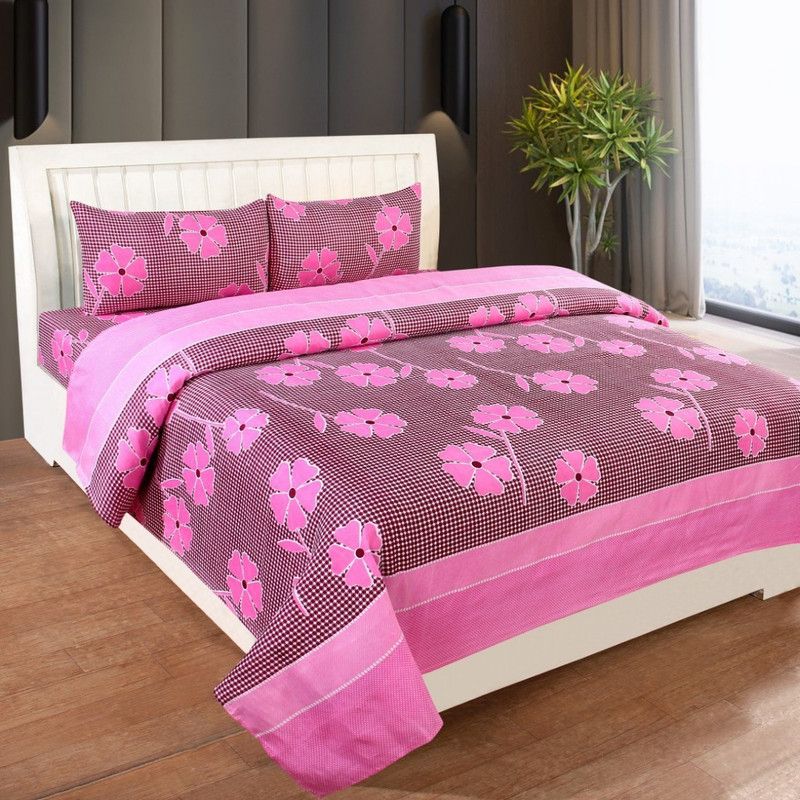 Decor Hut  160 TC Polycotton Double 3D Printed Flat Bedsheet  (Pack of 1, Pink)