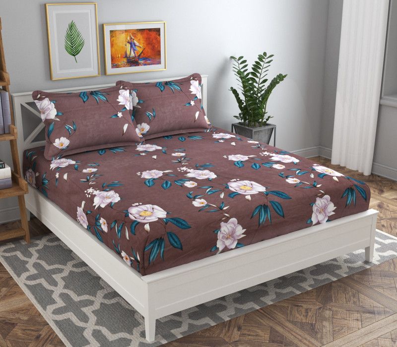 sheen decor 200 TC Cotton Double Printed Fitted (Elastic) Bedsheet  (Pack of 1, FLURRY)