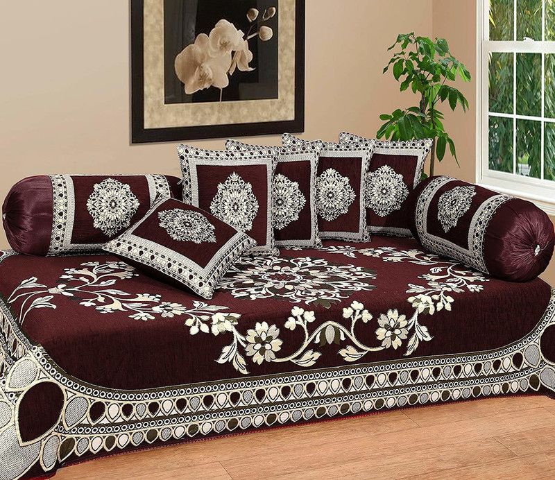 DECOR VATIKA Chenille Floral Diwan Set  (Brown)