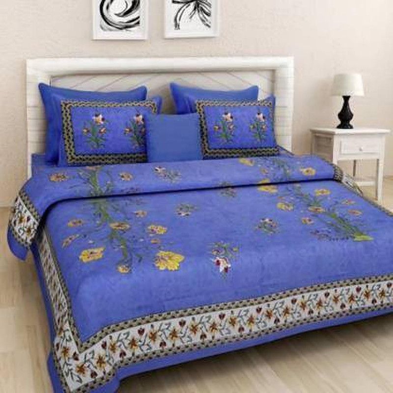 Mayuri Crafts and Mart 104 TC Cotton Double Printed Flat Bedsheet  (Pack of 1, Blue)