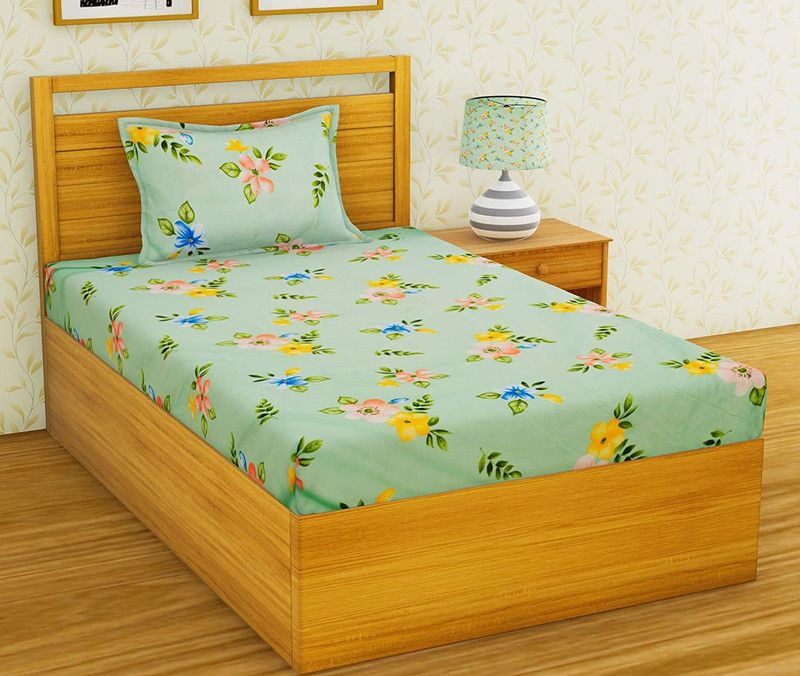220 TC Cotton Single Floral Bedsheet  (Pack of 1, Green)
