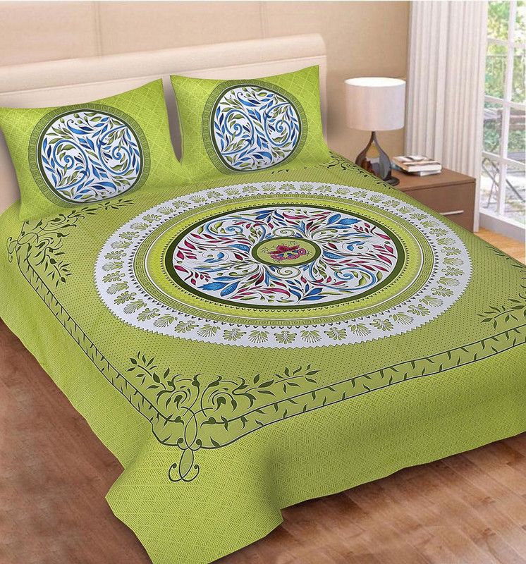 Versatile hut 120 TC Cotton Queen Printed Flat Bedsheet  (Pack of 1, Green)