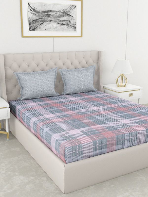 Bianca 210 TC Cotton King Checkered Flat Bedsheet  (Pack of 1, Grey)