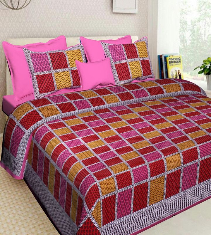 Navkar Creation 240 TC Cotton Double Checkered Flat Bedsheet  (Pack of 1, Multicolor)