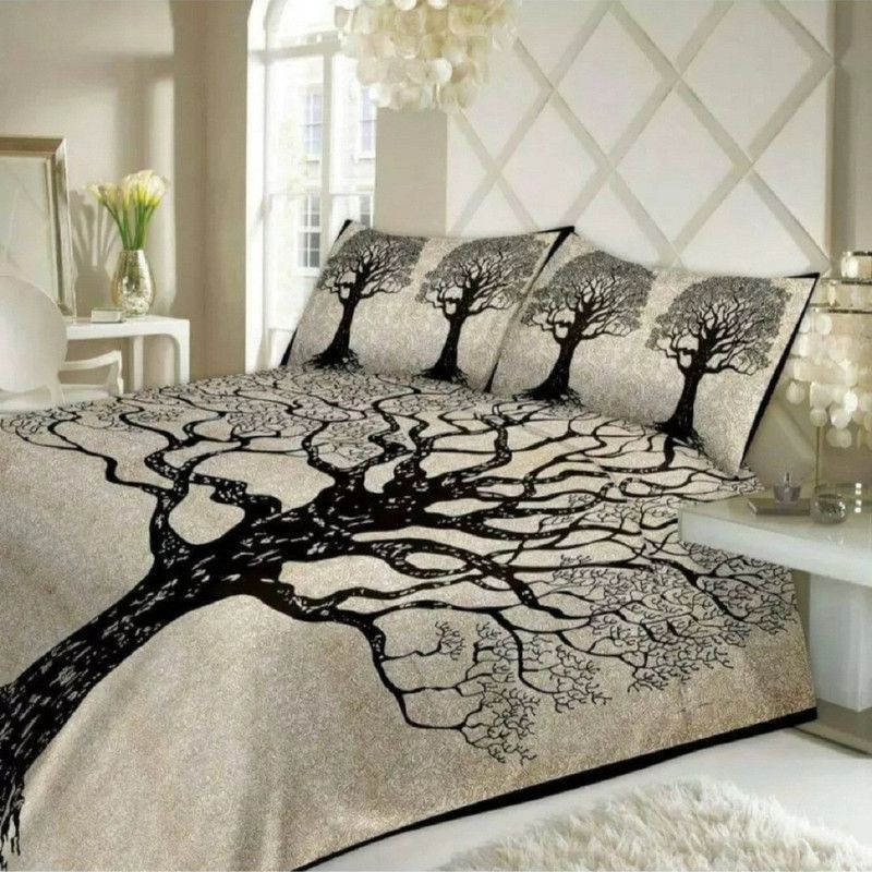 Panipat 240 TC Microfiber Double Jaipuri Prints Flat Bedsheet  (Pack of 1, Black)