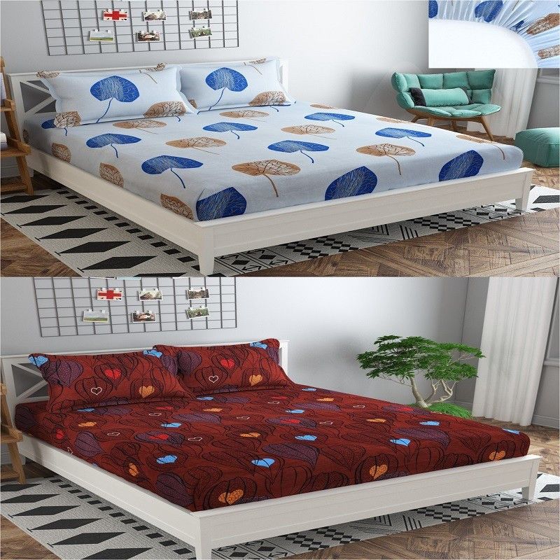 Nakshu 140 TC Polycotton Queen Printed Flat Bedsheet  (Pack of 2, blue peepal patta, brown parashoot)