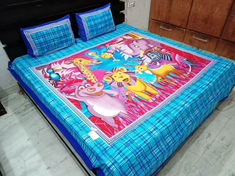 DECORIST 150 TC Cotton Queen Cartoon Flat Bedsheet  (Pack of 1, Blue)