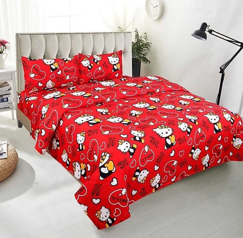 GRACE FULL 144 TC Polycotton Double 3D Printed Flat Bedsheet  (Pack of 1, Red)