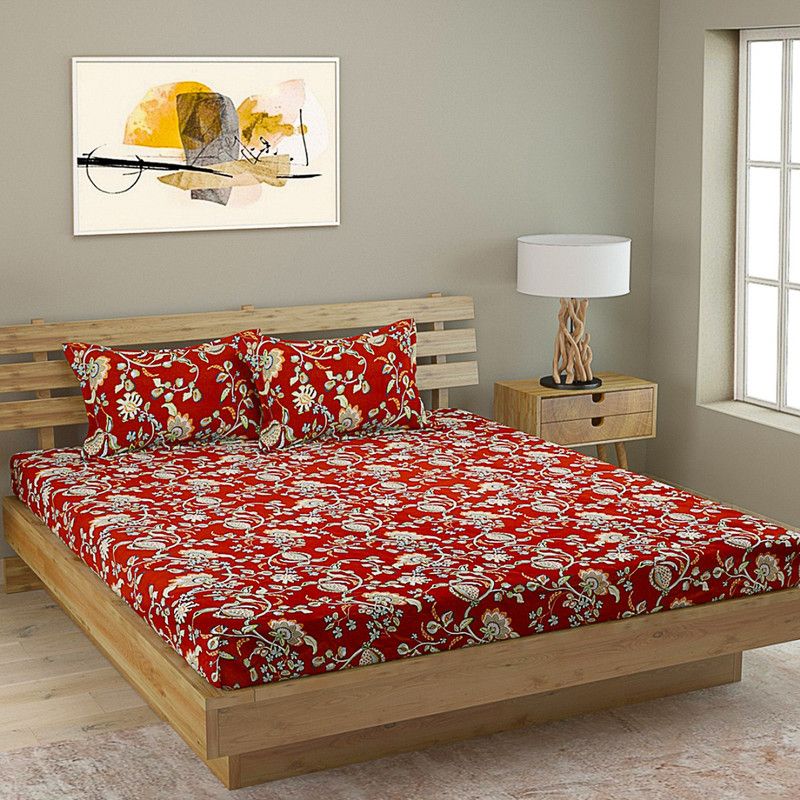 ROMEE 250 TC Cotton King Floral Flat Bedsheet  (Pack of 1, Red)
