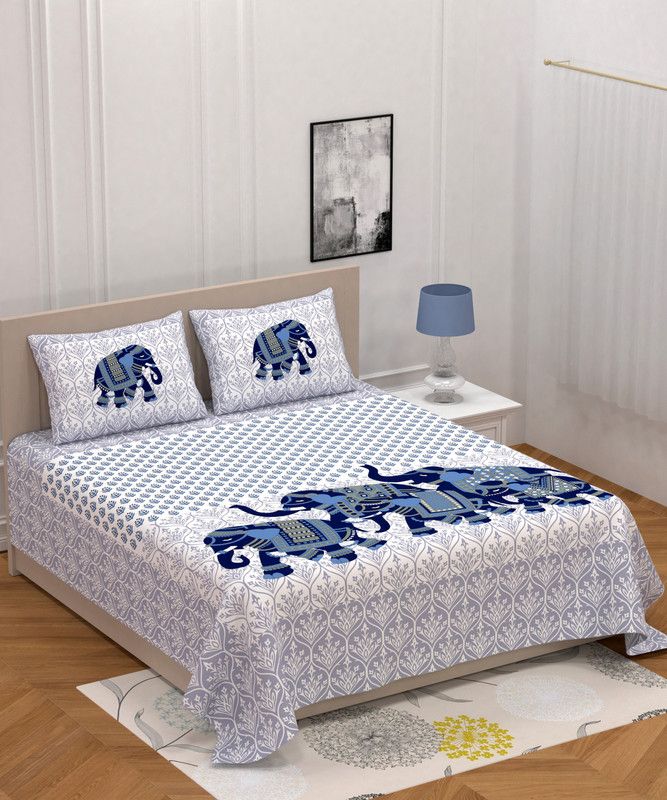 Zahana 104 TC Cotton Double Animal Flat Bedsheet  (Pack of 1, Blue)