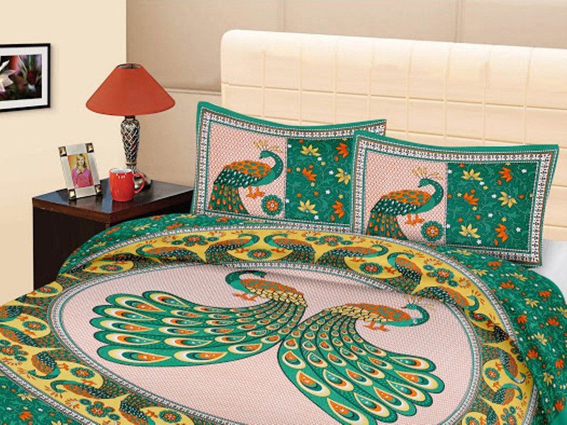 Cotton Double Bedsheet  (Pack of 1, Green/yellow/Multi color)