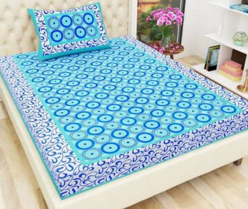 180 TC Cotton Single Bedsheet  (Pack of 1, Blue, White)