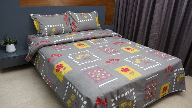 Inizio 220 TC Cotton Queen Floral Flat Bedsheet  (Pack of 1, Grey)