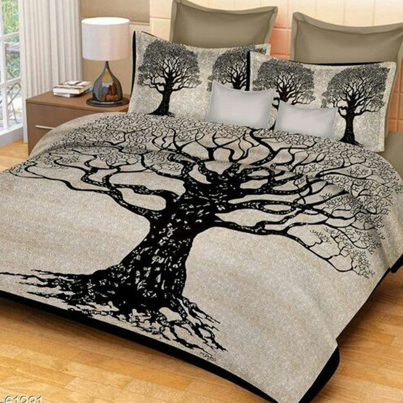 SHRI RAM CRAFTS 220 TC Cotton Double Printed Flat Bedsheet  (Pack of 1, Black, Peach)