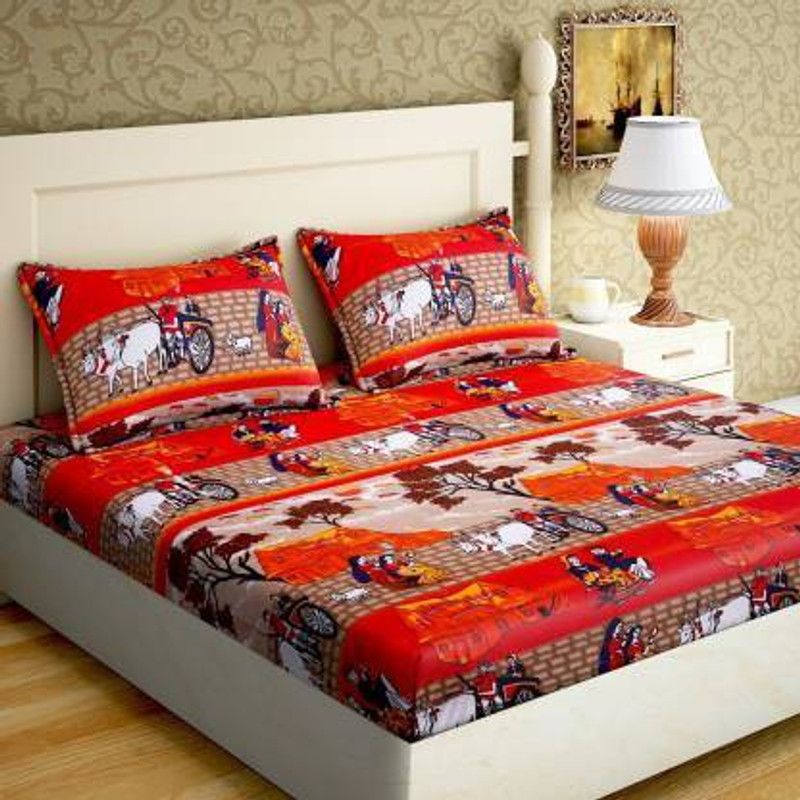 PAWAR 140 TC Microfiber Double Printed Flat Bedsheet  (Pack of 1, ORANGEBEDSHEET)