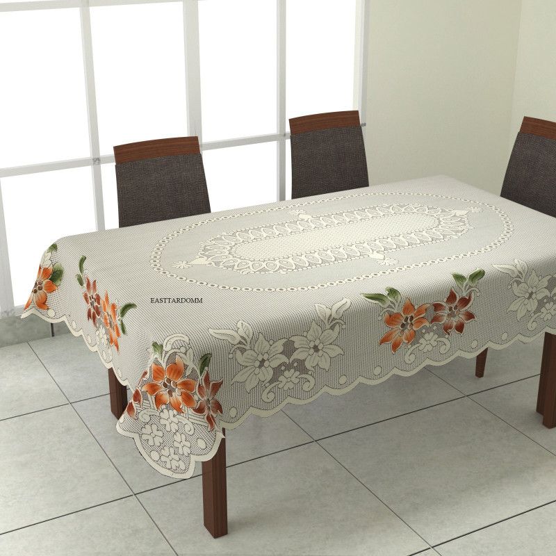 Floral 6 Seater Table Cover  (Rust, (Net Cloth), Cotton)