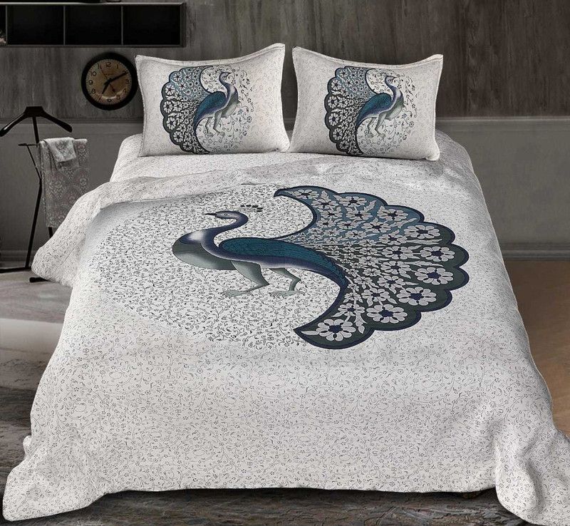 Rawal Fashions 144 TC Cotton Double Printed Flat Bedsheet  (Pack of 1, Grey, White)