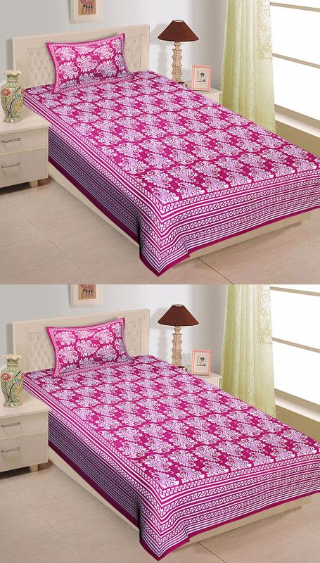 Texstylers 144 TC Cotton Single Jaipuri Prints Flat Bedsheet  (Pack of 2, Pink)