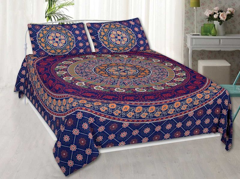 DandA 200 TC Cotton King Jaipuri Prints Flat Bedsheet  (Pack of 1, Blue, Multicolor)