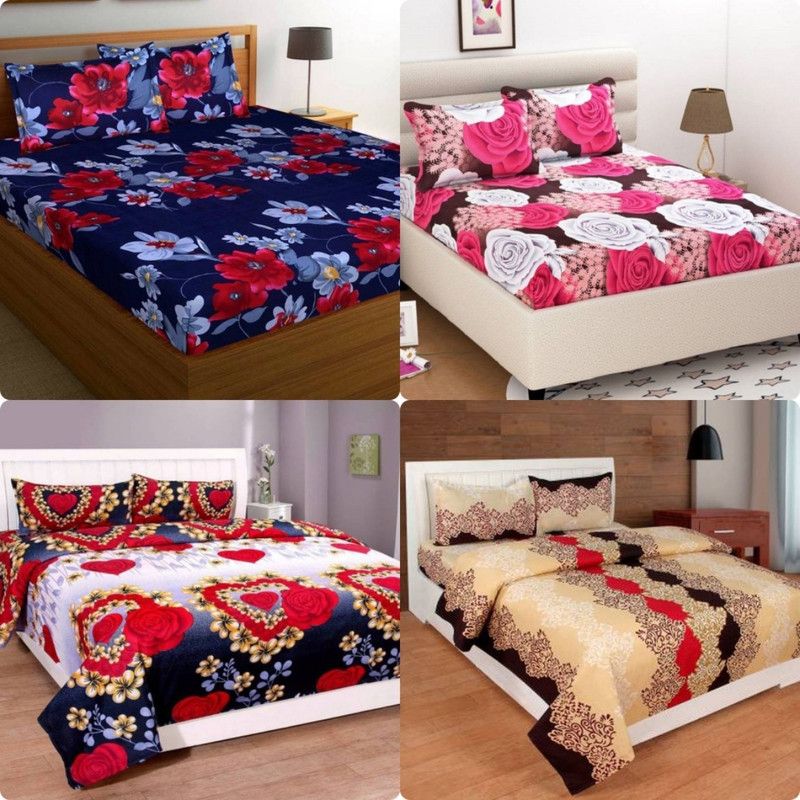EKANSH FAB 160 TC Microfiber Double Printed Flat Bedsheet  (Pack of 4, Red)
