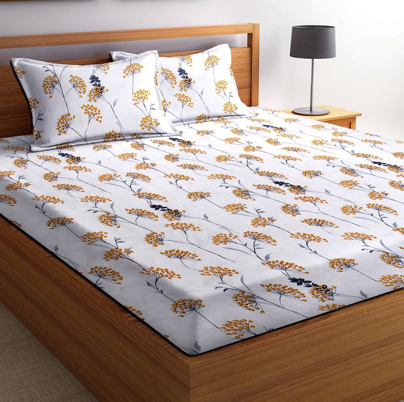 HOME KART 144 TC Microfiber Double Floral Flat Bedsheet  (Pack of 1, White)
