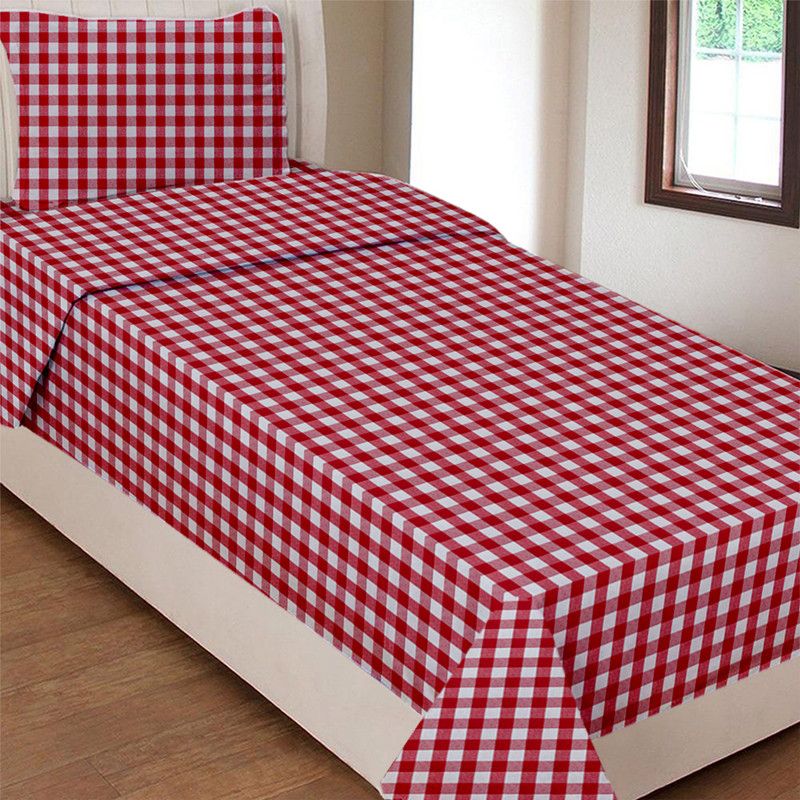 AIRWILL 80 TC Cotton Single Checkered Flat Bedsheet  (Pack of 1, Red)