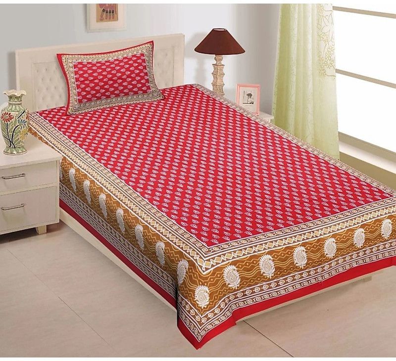 Home@shop 144 TC Cotton Single Jaipuri Prints Flat Bedsheet  (Pack of 1, Red)